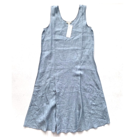 Eileen Fisher Nwt Organic Handkerchief Linen Scoop Neck Knee Length Dress Blue M